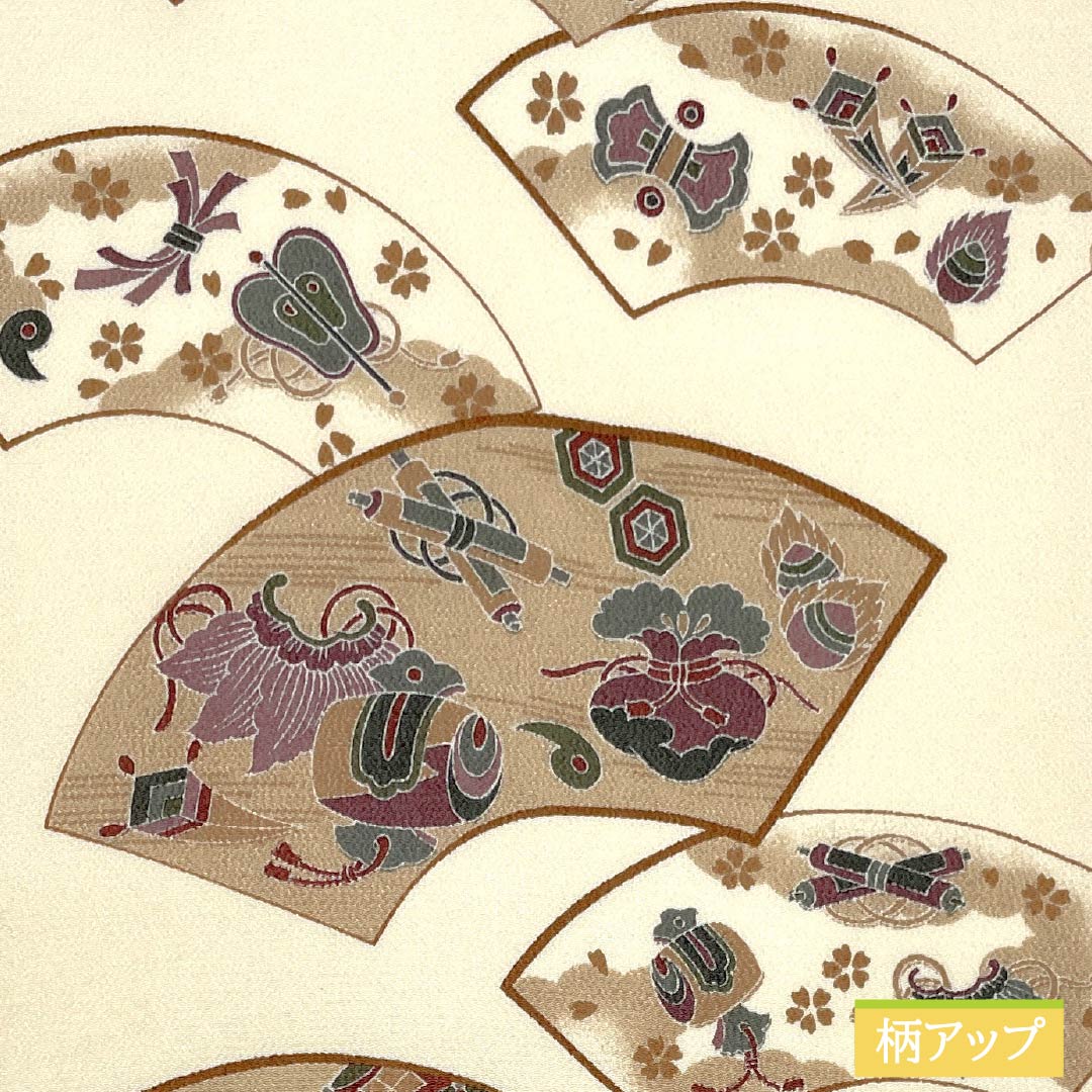 名古屋帯 生成り色（きなりいろ） ちりめん地 染め帯 扇面 帯丈365cm 正絹 Aランク 全通 カジュアル ベージュ系 1124007183325 名古屋仕立て