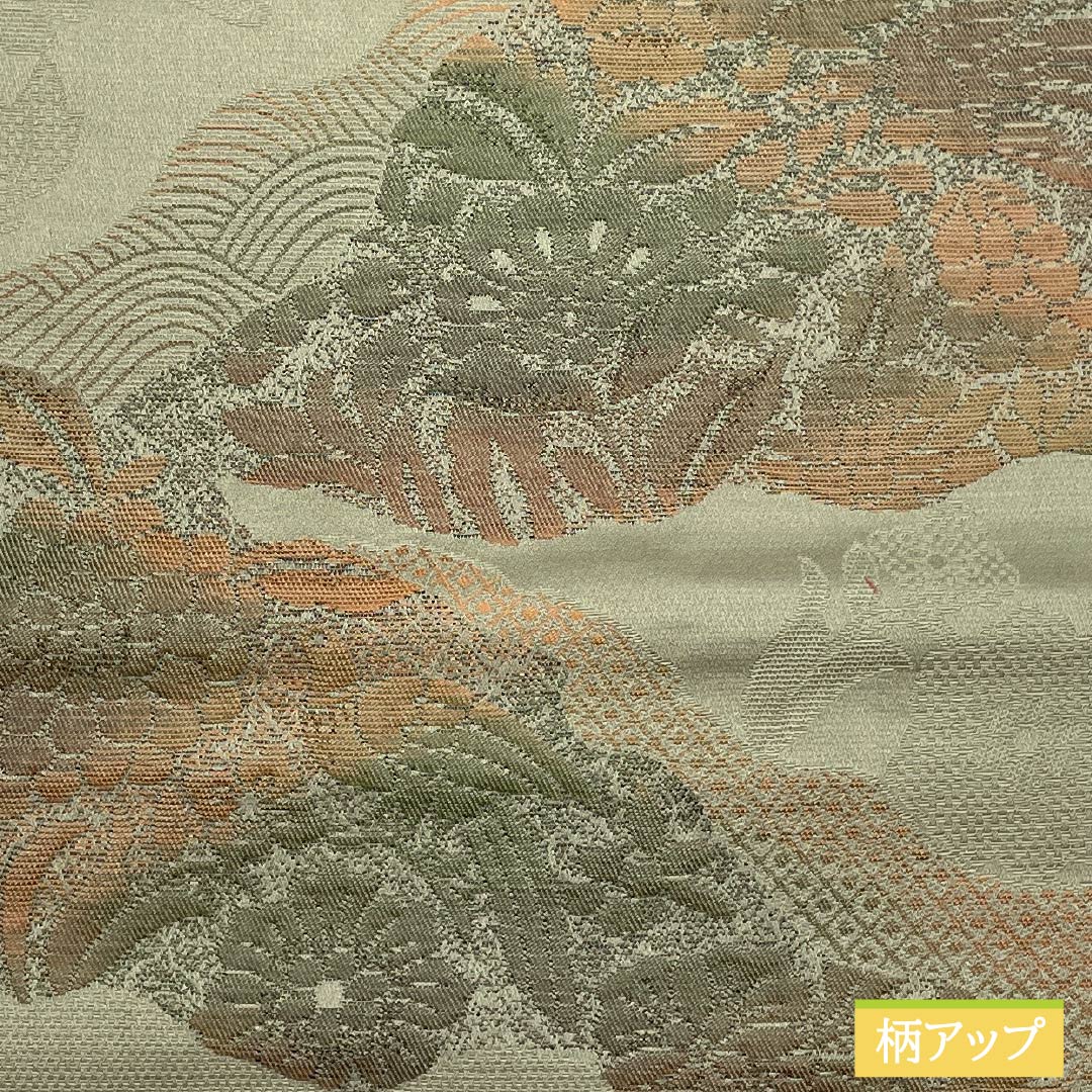 名古屋帯 黄鼠色（きねずいろ） 博多織 ふくれ織 キプロスの秘宝 帯丈356cm 正絹 Sランク 六通 カジュアル 緑系 1124008202319 松葉仕立て