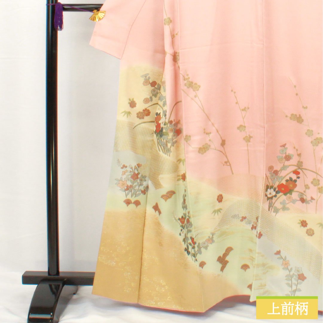 訪問着 正絹 袷 身丈161.5cm 裄丈65.5cm 薄紅梅色（うすこうばいいろ） 京友禅 吉祥文様 Bランク ピンク系 1112006004413