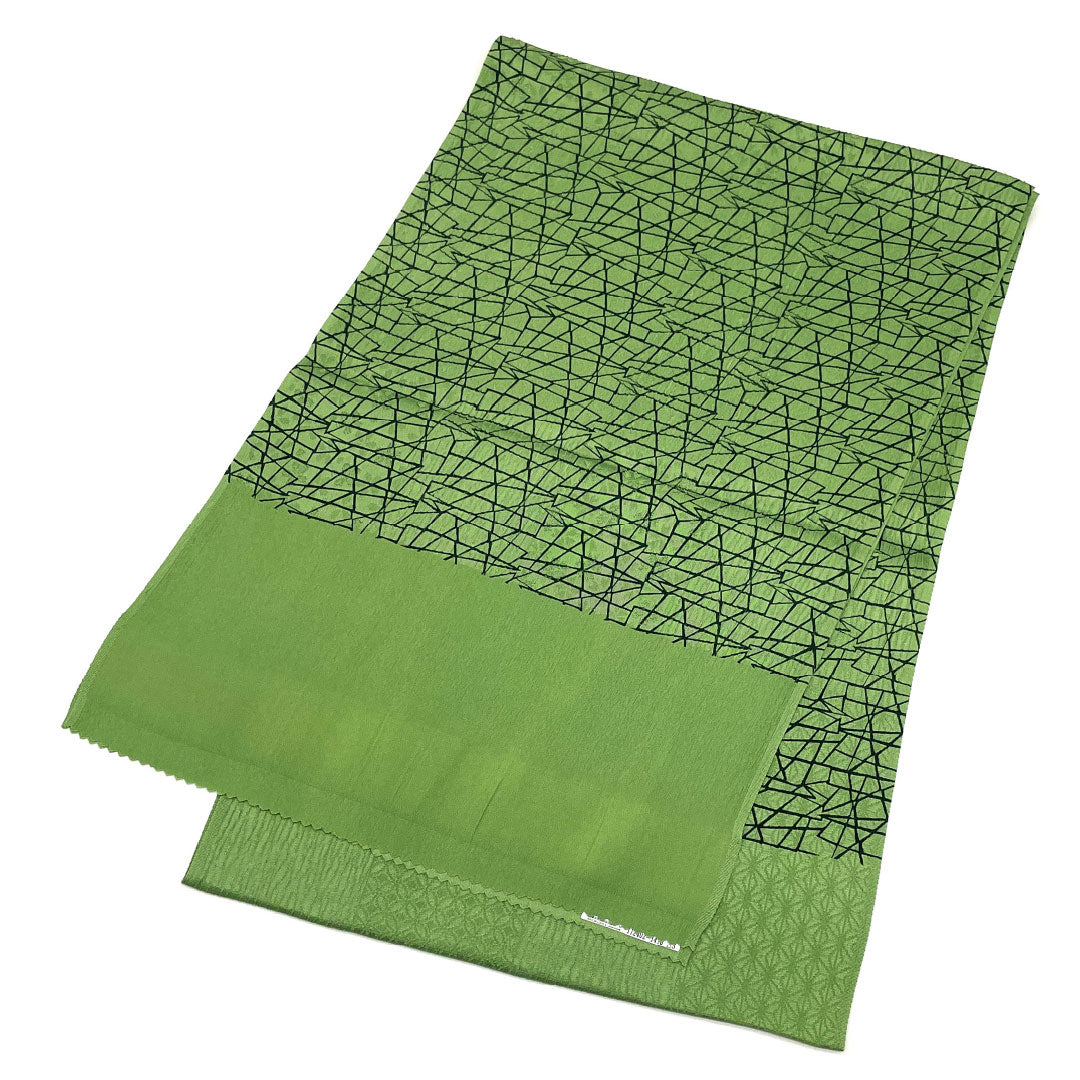 (Like New) Silk Obiage (Sash) - New, Casual, Bushukan Color, Geometric Pattern with Cherry Blossoms and Hemp Leaves, Approximately 182cm Long, 30cm Wide, Green, Item Number: 1136001121919