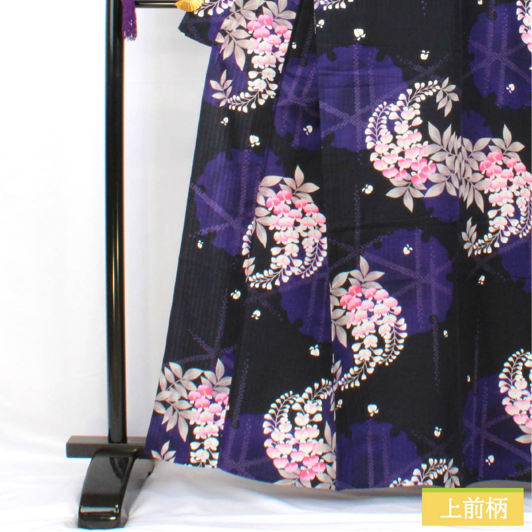 浴衣 木綿 身丈161.5cm 裄丈66cm Sランク 単衣 黒系 雪輪 藤 1118005392410