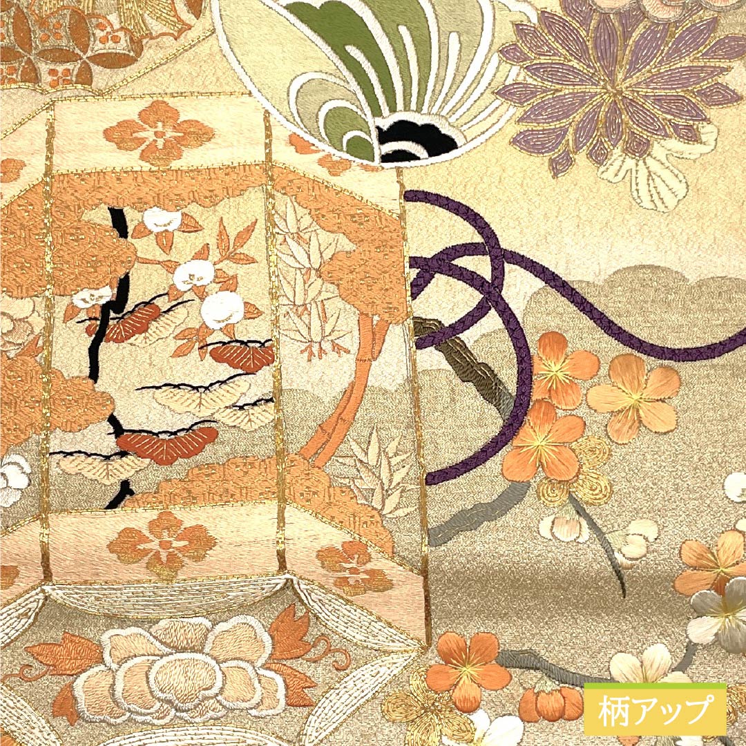 （丸帯）袋帯 正絹 鳥の子色（とりのこいろ） 丸帯 アンティーク 刺繍 帯丈410cm Aランク ポイント柄 フォーマル ベージュ系 1123013863325