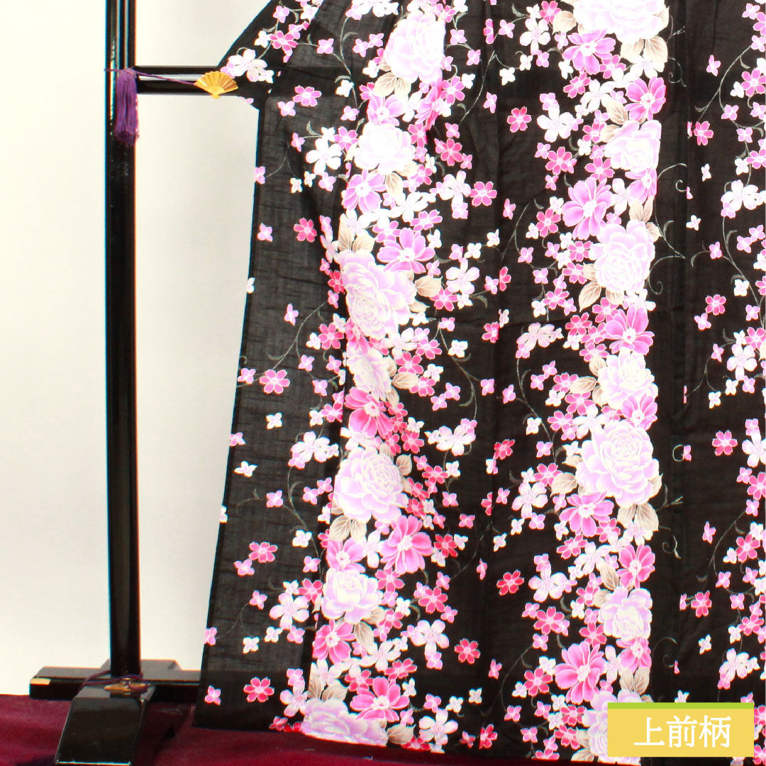 Yukata Cotton Length 165.5cm Sleeve length 64.5cm S rank Single layer Black Rose Cherry blossom 1118004512510