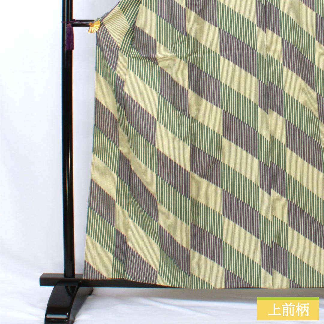 Polyester Komon, Rank S, Length 161cm, Sleeve-to-shoulder 65.5cm, Unlined, Light Yellow Ochre, Stenciled, Stripes, Diagonal Ichimatsu, Washable Kimono, Yellow-based, 1115008012423