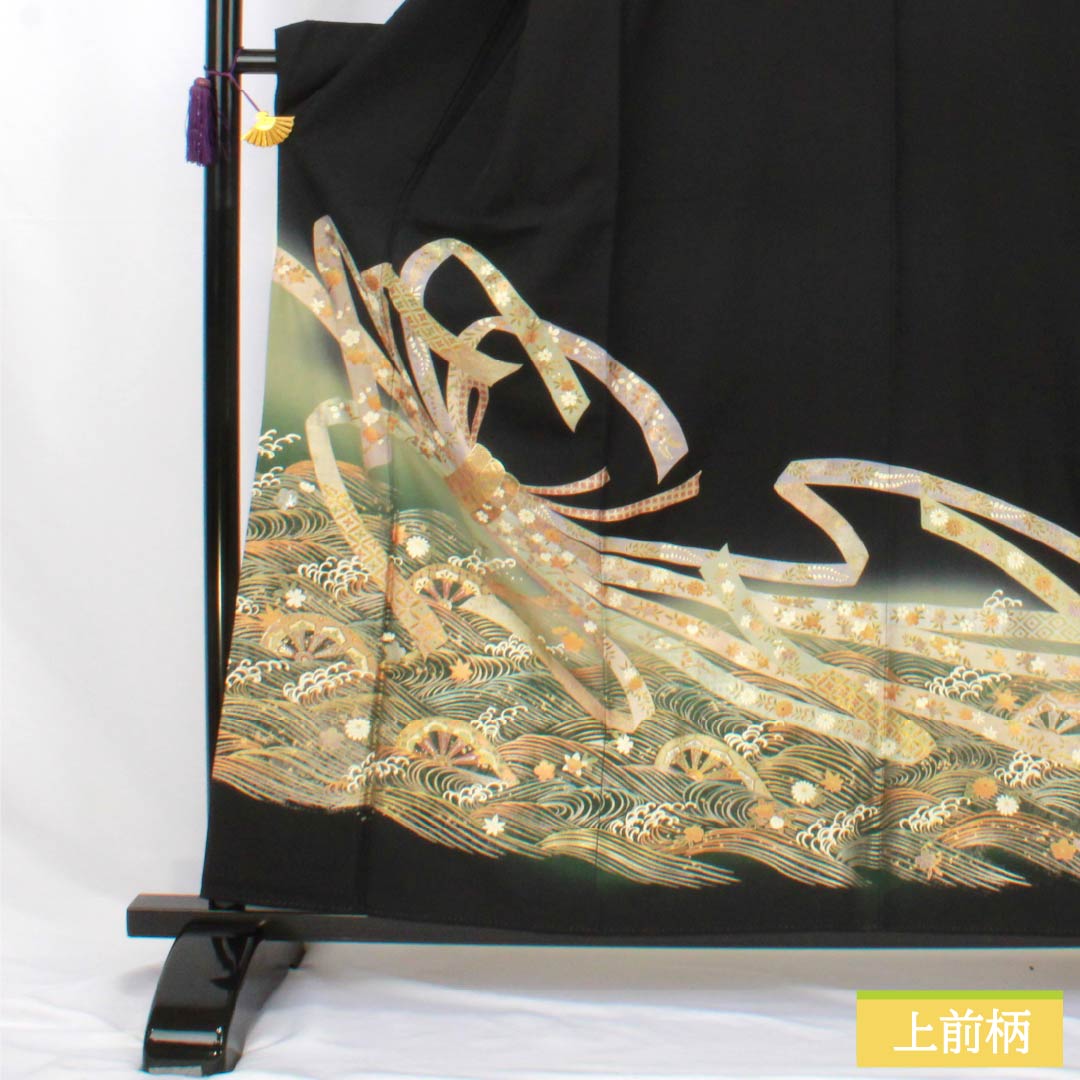 黒留袖 正絹 Aランク 身丈158.5cm 裄丈64cm 袷 金彩 五つ紋 上り藤 束ね熨斗 五つ紋 黒系 1111002043310