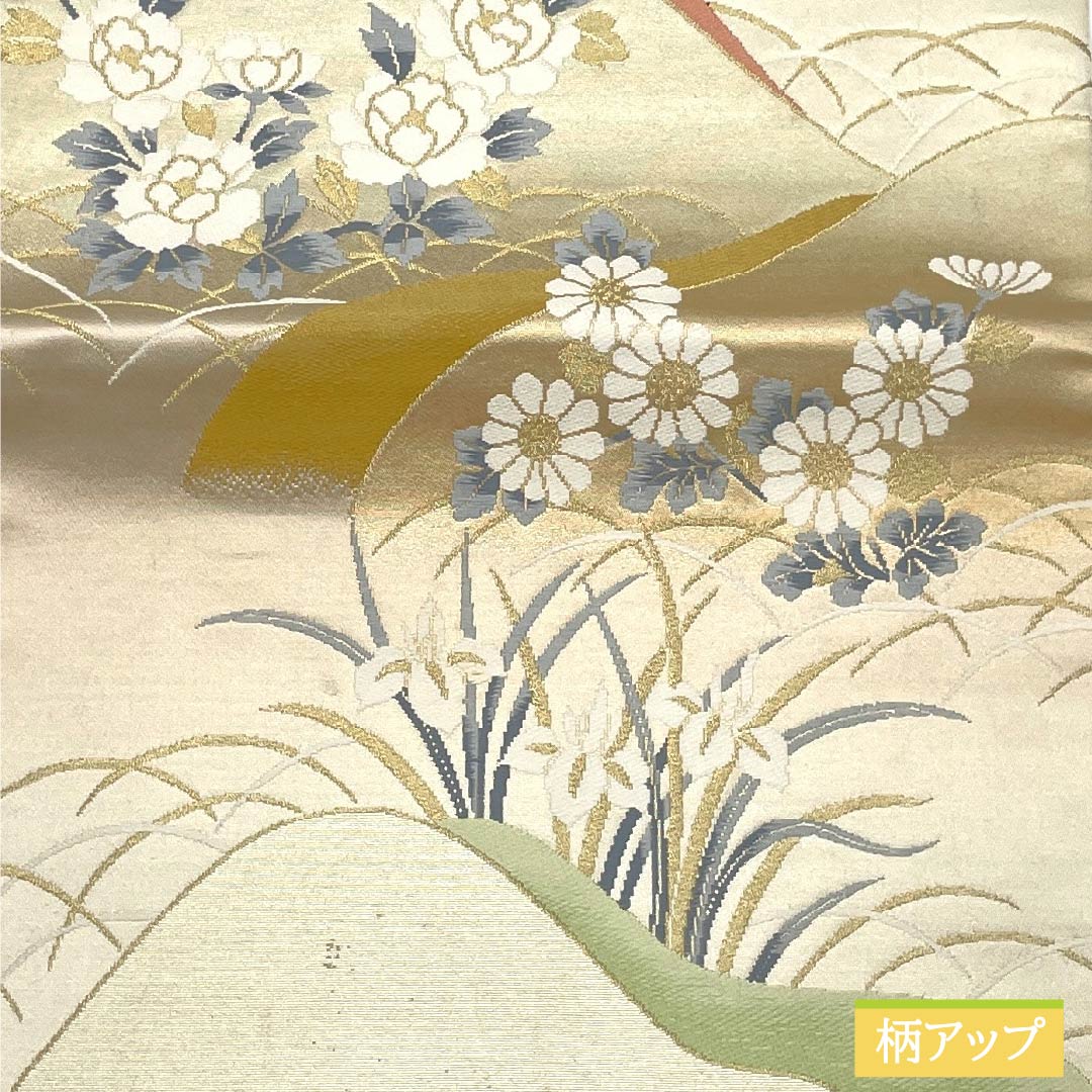 袋帯 正絹 Aランク 銀色（ぎんいろ） 遠山 草花   帯丈416cm 六通 フォーマル 銀系 1123018623322