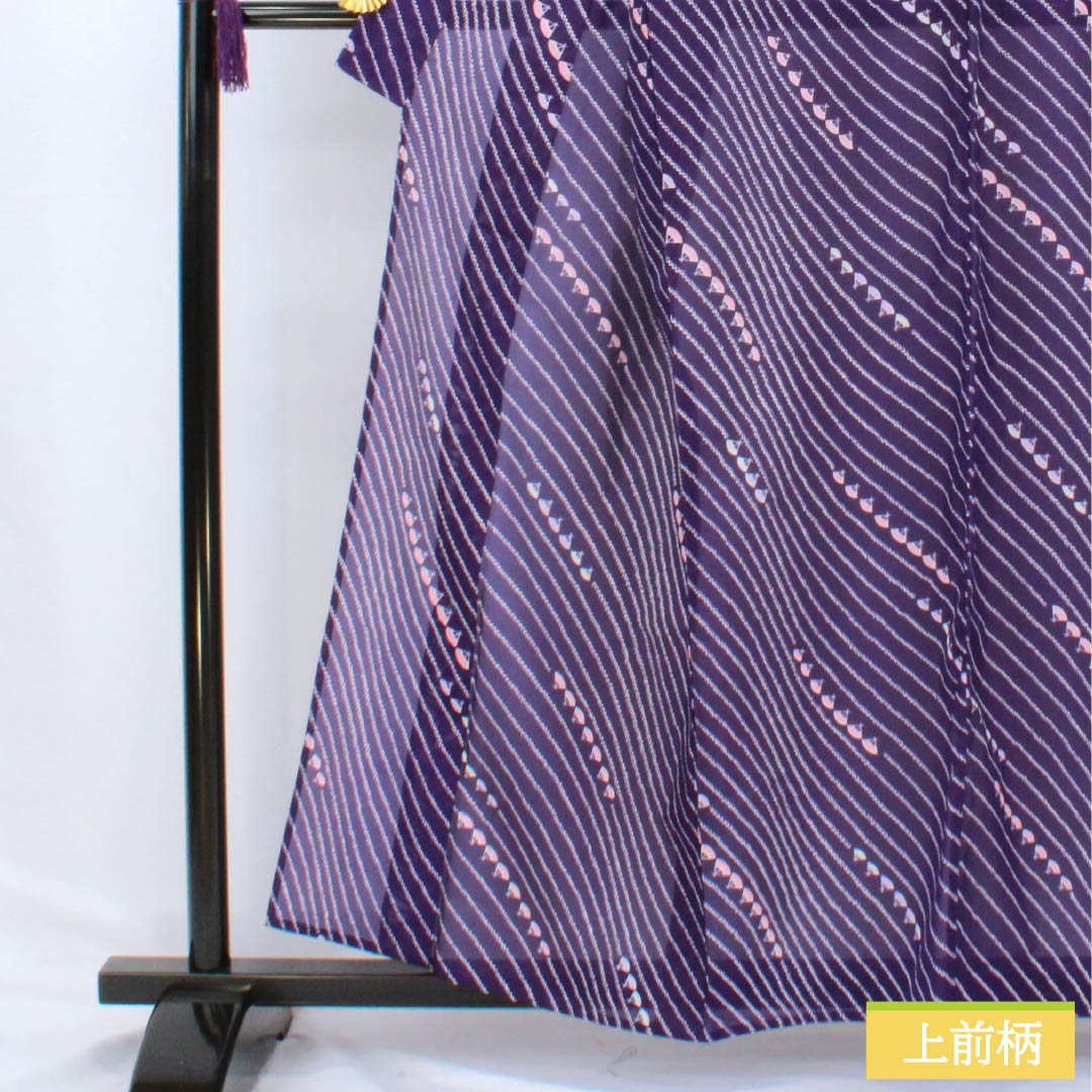 夏物 ポリエステル 小紋 身丈160.5cm 裄丈65cm 菫色（すみれいろ） 扇面 洗える着物 絽 Aランク 紫系 1132002543420