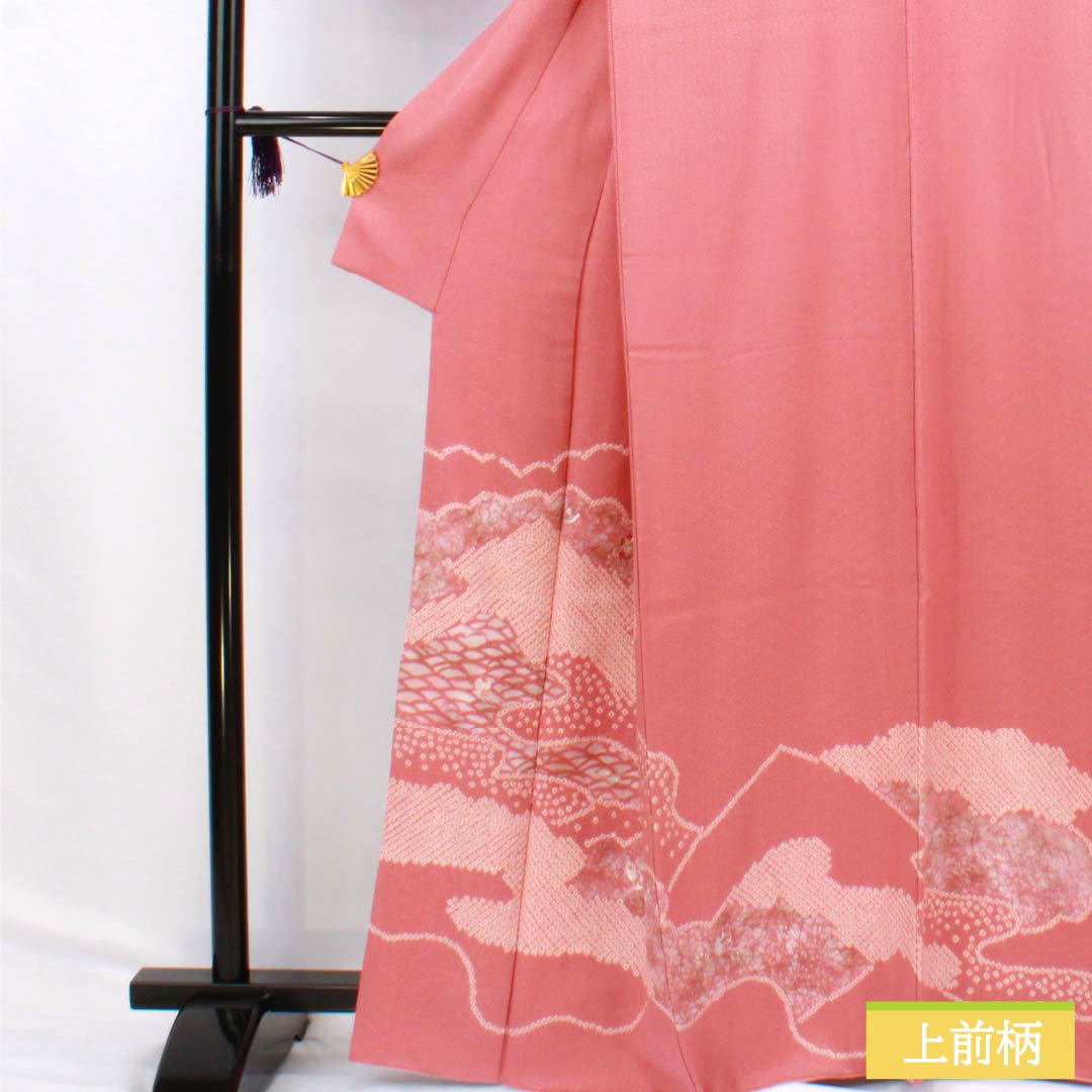 訪問着 正絹 Bランク 袷 身丈164.5cm 裄丈64cm 長春色（ちょうしゅんいろ） 絞り 刺繍 紗綾形 雲取り ピンク系 1112006214413