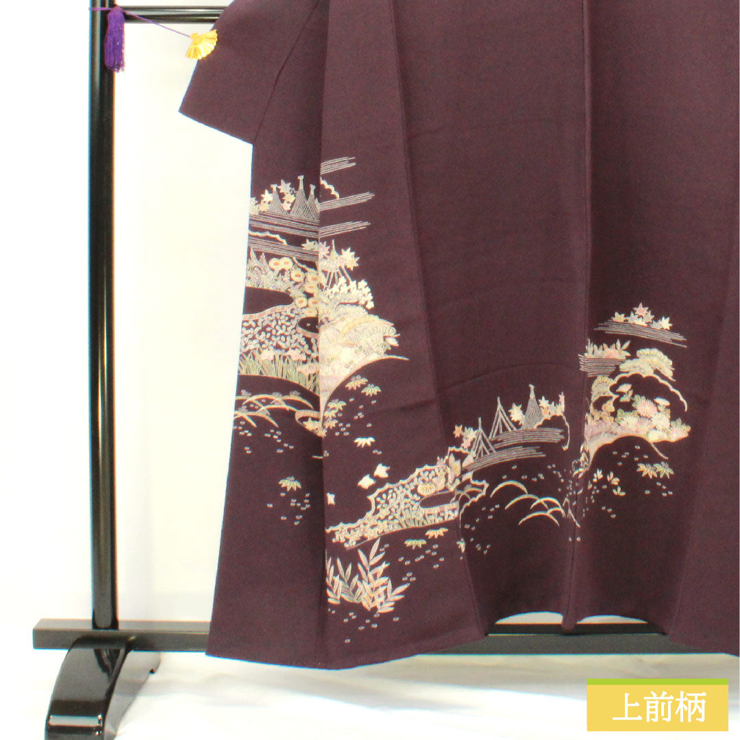訪問着 正絹 袷 身丈154cm 裄丈62.5cm 茄子紺色（なすこんいろ） 京友禅 ちりめん地 吉祥文様 Aランク 紫系 1112005463220