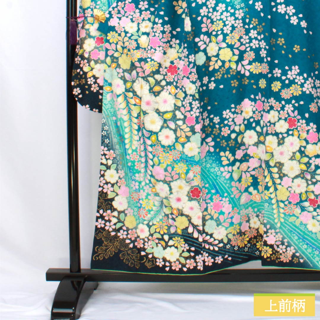 振袖 正絹 Sランク 身丈154cm 裄丈68cm 袷 孔雀青色（くじゃくあおいろ） 京友禅 銀通し 辻ヶ花 作家物 ハジックガード 青系 1113002732217