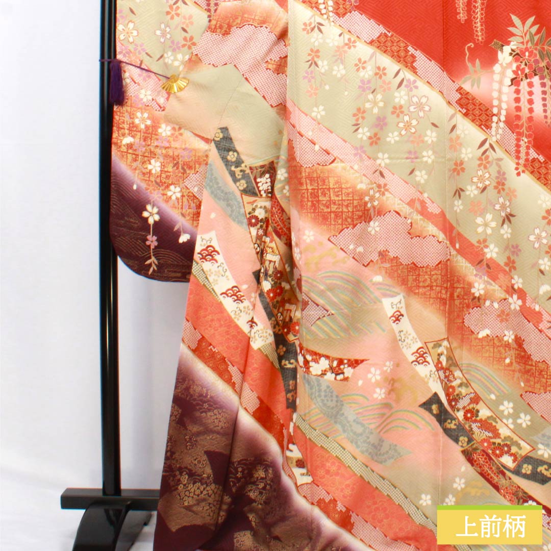 振袖 正絹 Bランク 身丈166cm 裄丈64.5cm 袷 真朱色（しんしゅいろ） 京友禅 吉祥文様 鶴 桜 藤 赤系 1113002164512