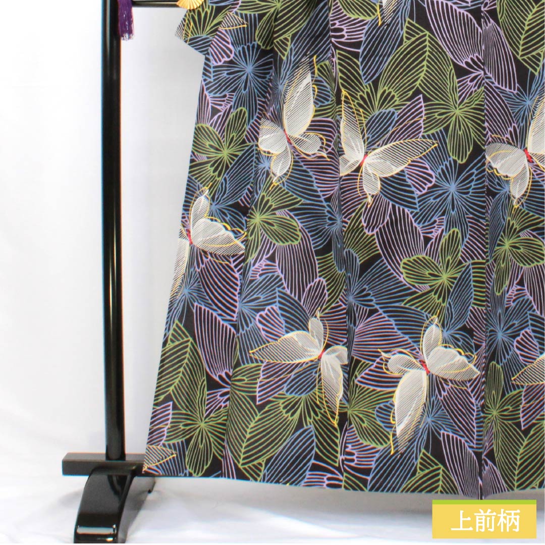 Cotton Yukata, Length 160.5cm, Sleeve Length 63.5cm, S Rank, Single Layer, Black, Butterfly Pattern, 1118006342410