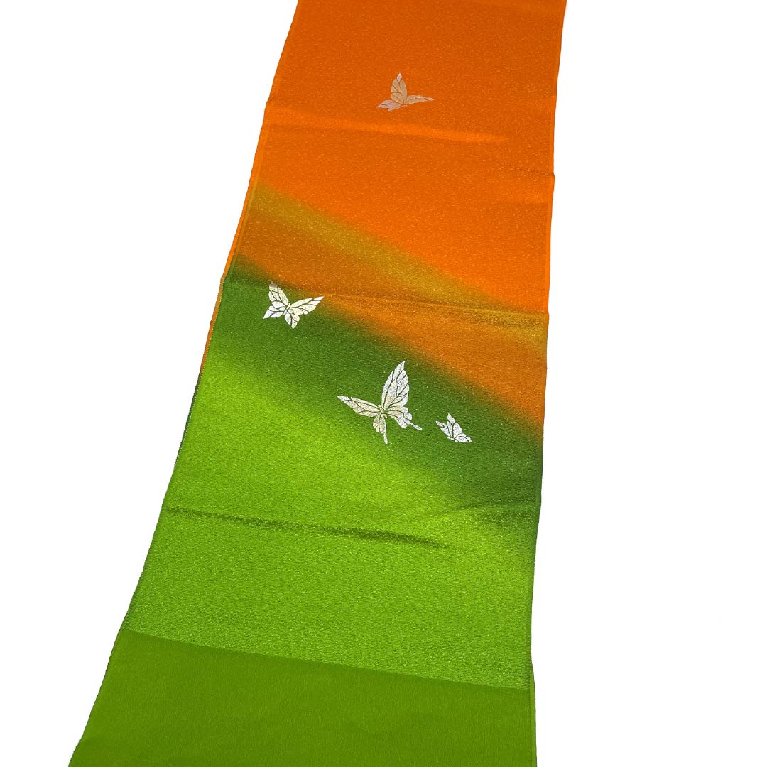 Obiage Silk S Rank Semi-Formal Willow Green, Ouni (Orange-Yellow), Butterflies, Foil, Length approx. 170cm, Width approx. 28.5cm, Gradation Series 1136004472999