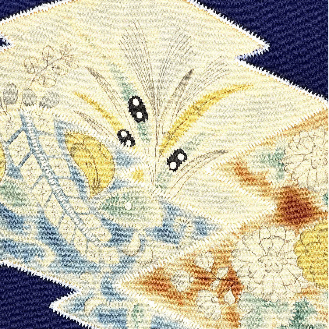 名古屋帯 松皮菱 花模様 染帯 縮緬帯丈380.5cm 正絹 Aランク ポイント柄 カジュアル 紺系 1124001583318  名古屋仕立て