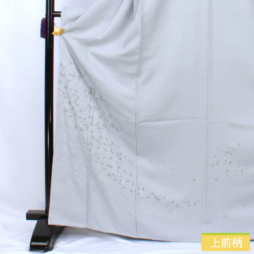 訪問着 正絹 Bランク 袷 身丈168cm 裄丈62cm 白銅色（はくどういろ） 蘇州刺繡 草花 流水 しつけ糸付き グレー系 1112007524522