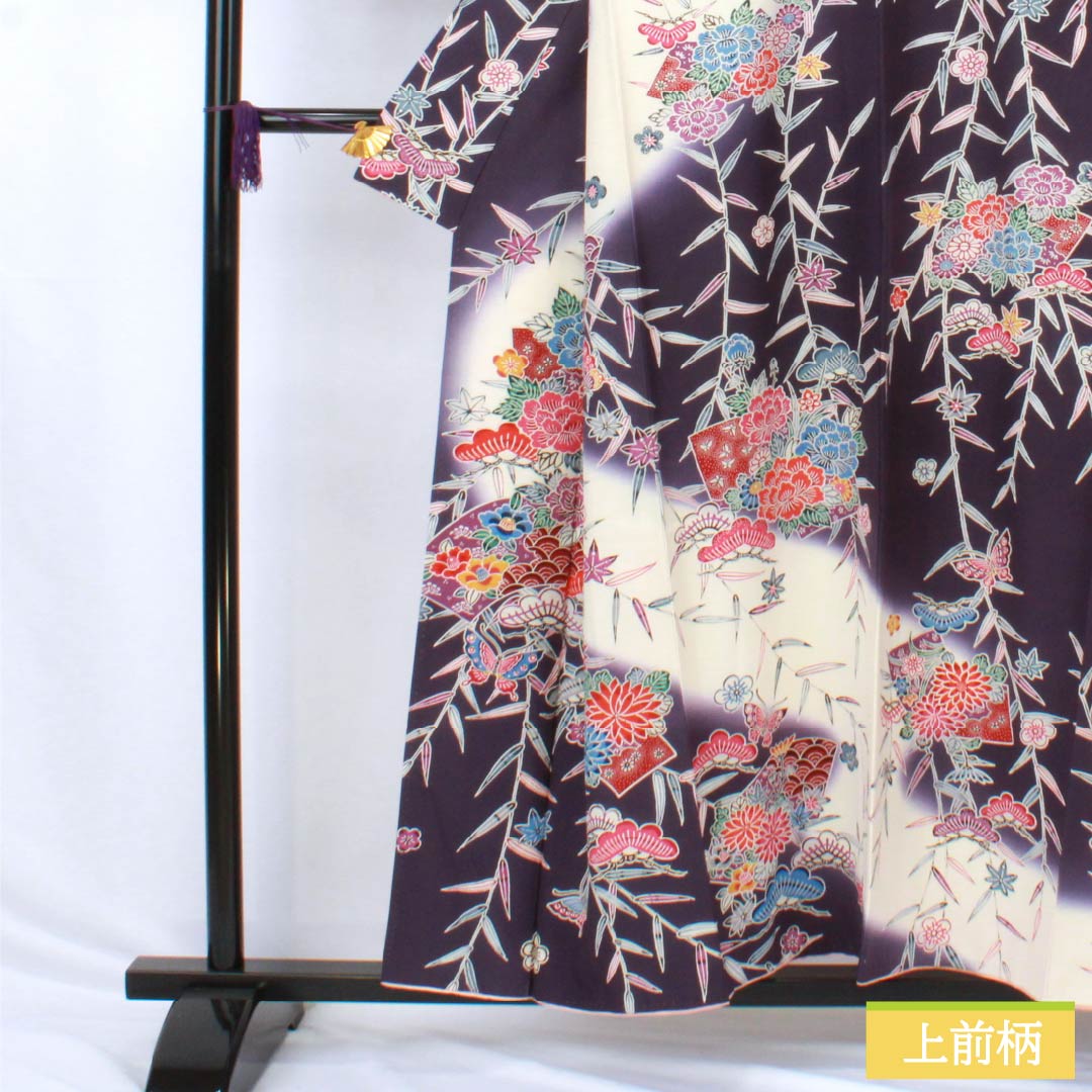 訪問着 正絹 Aランク 袷 身丈155.5cm 裄丈62cm 深紫色（ふかきむらさきいろ） 京紅型 松竹梅 蝶 扇面 菊 紫系 1112006403320