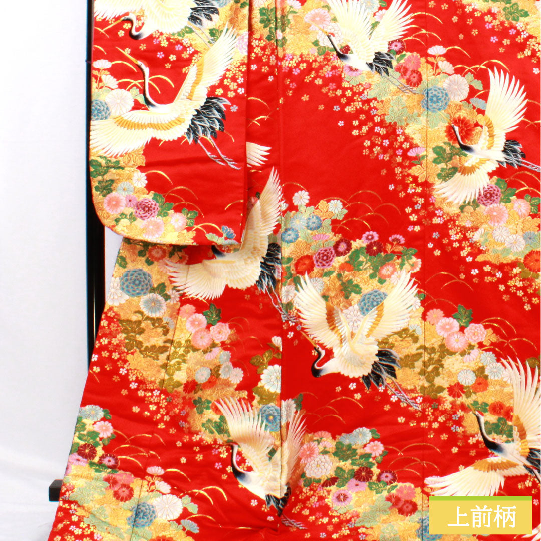 色打掛 正絹 Aランク 身丈194cm 裄丈67cm 唐織 鶴 菊 桜 袷 赤系 1110000953912