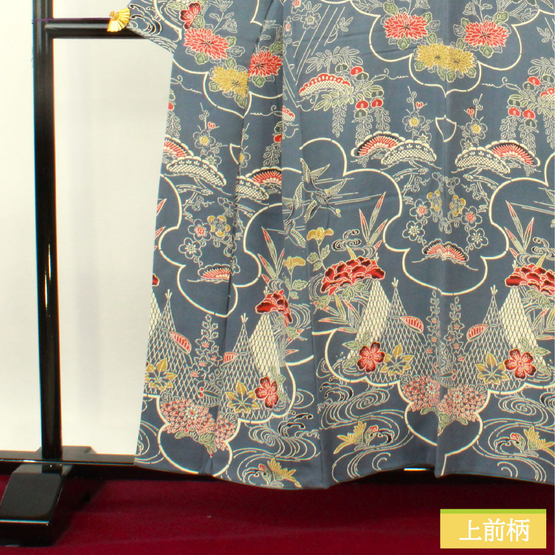 Homongi (formal kimono) made of pure silk, lined, length 157.5cm, sleeve length 64cm, Minato gray, Kyoto Bingata, aboshi pattern, floral pattern, A rank, blue, 1112004883317