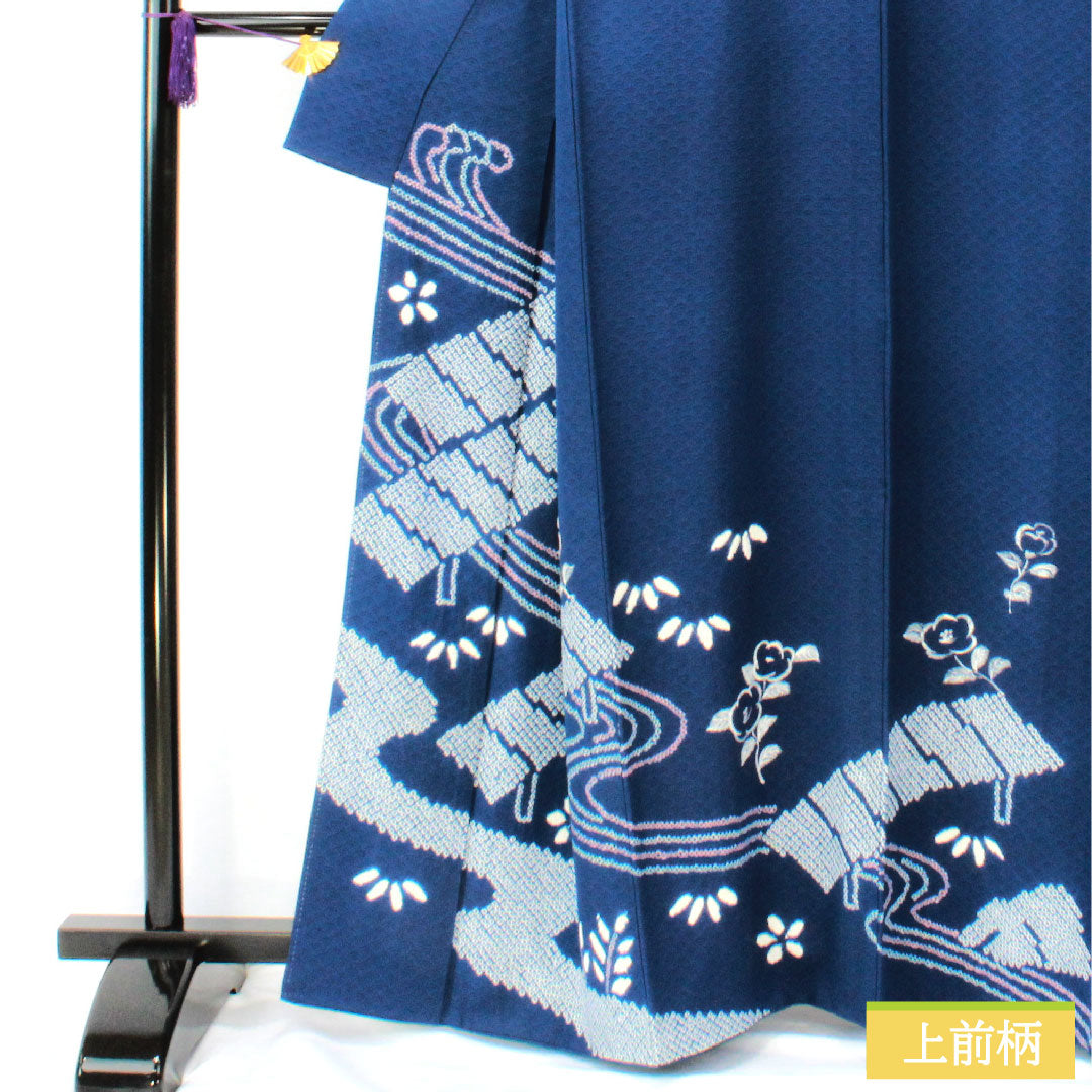 訪問着 正絹 袷 身丈160cm 裄丈66cm 紺瑠璃色（こんるりいろ） 部分絞り 抽象模様 Aランク 紺系 1112005663418