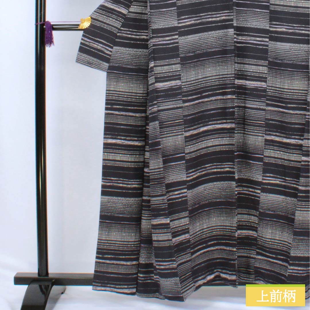 Komon (small pattern) silk, S rank, length 159.5cm, sleeve length 68cm, lined, Aisumi brown (ice-dyed) pattern, geometric pattern, black, 1115006512310