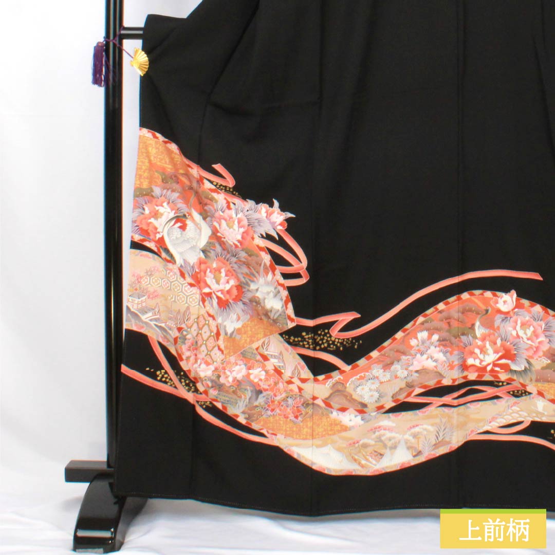 黒留袖 正絹 Sランク 身丈165cm 裄丈65.5cm 袷 京友禅 五つ紋 片喰 吉祥文様 鶴 牡丹 五つ紋 黒系 1111002062510