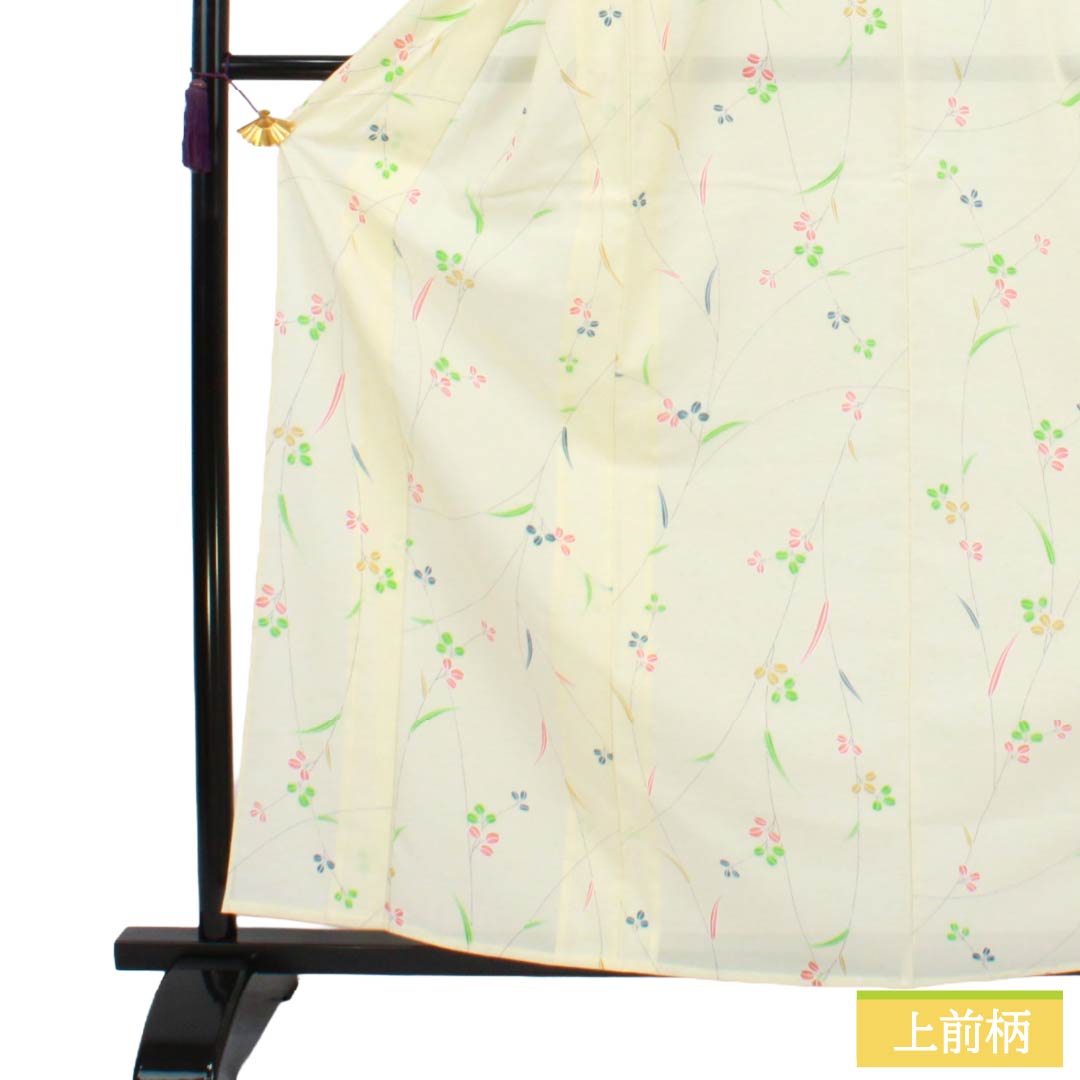 夏物 ポリエステル 小紋 Aランク 身丈163.5cm 裄丈64cm 白百合色（しらゆりいろ） 草花模様 絽 黄系 1132004513423