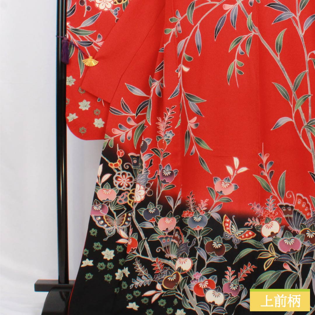 振袖 正絹 Sランク 身丈167cm 裄丈66cm 袷 赤色（あかいろ） 京紅型 吉祥文様 蝶 橘 赤系 1113002322512