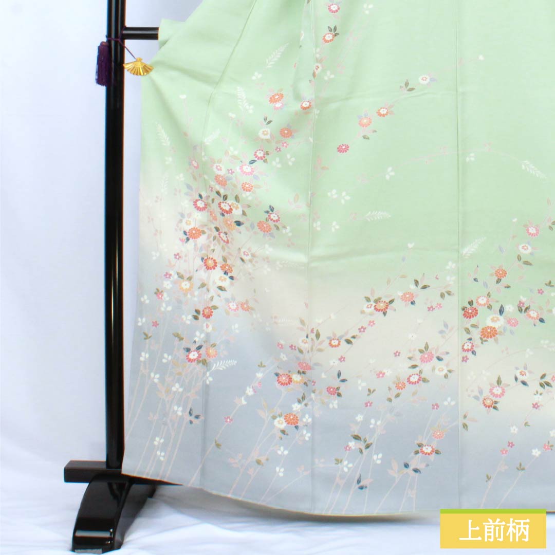 訪問着 正絹 Sランク 袷 身丈166.5cm 裄丈62cm 薄緑色（うすみどりいろ） 京友禅 草花 しつけ糸付き 緑系 1112007602519