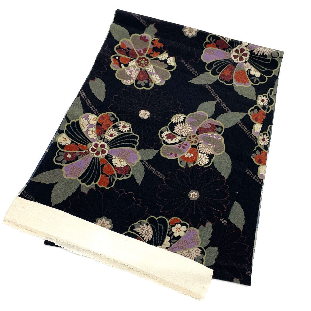 帯揚げ 正絹 Sランク カジュアル 黒色（くろいろ） 古典柄 花柄 レトロ 長さ約176cm 幅約31cm 黒系 1136001742910