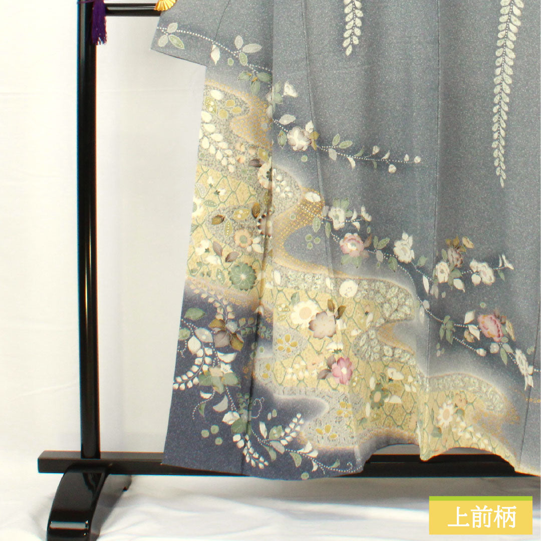 訪問着 正絹 袷 身丈155cm 裄丈63.5cm 青袋鼠色（せいたいねずいろ） 辻ヶ花 タタキ染 一つ紋 花紋 Sランク グレー系 1112005142322