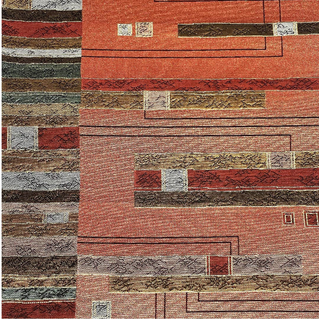 袋帯 牛血紅色（ぎゅうけつこういろ） 横段 幾何学模様 帯丈442cm 正絹 Sランク 六通 セミフォーマル 朱系 1123002752316