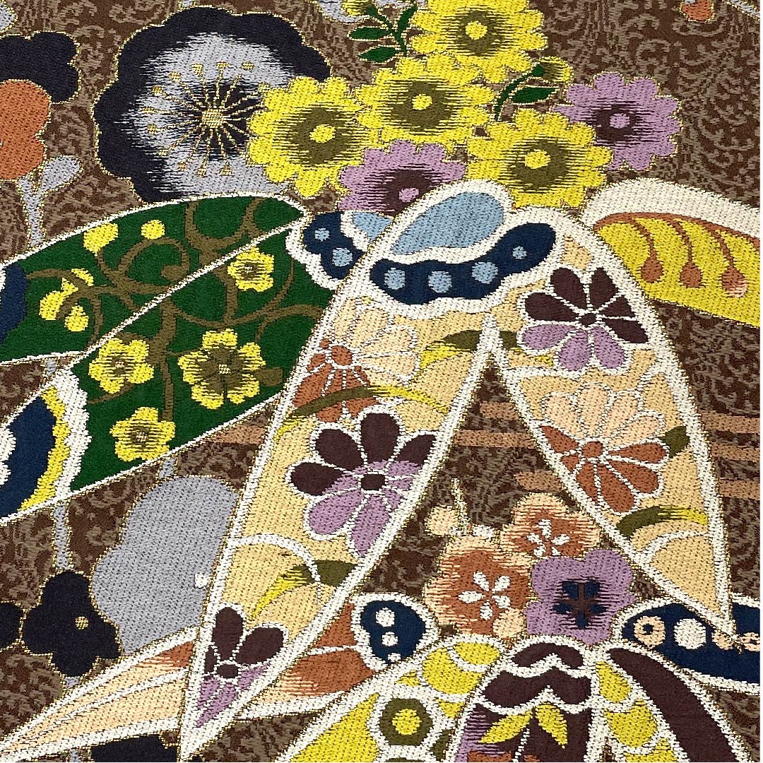 袋帯 鳶色（とびいろ） 松竹梅 桜 白綾苑大庭 帯丈432cm 正絹 Aランク 六通 フォーマル 茶系 1123006153314