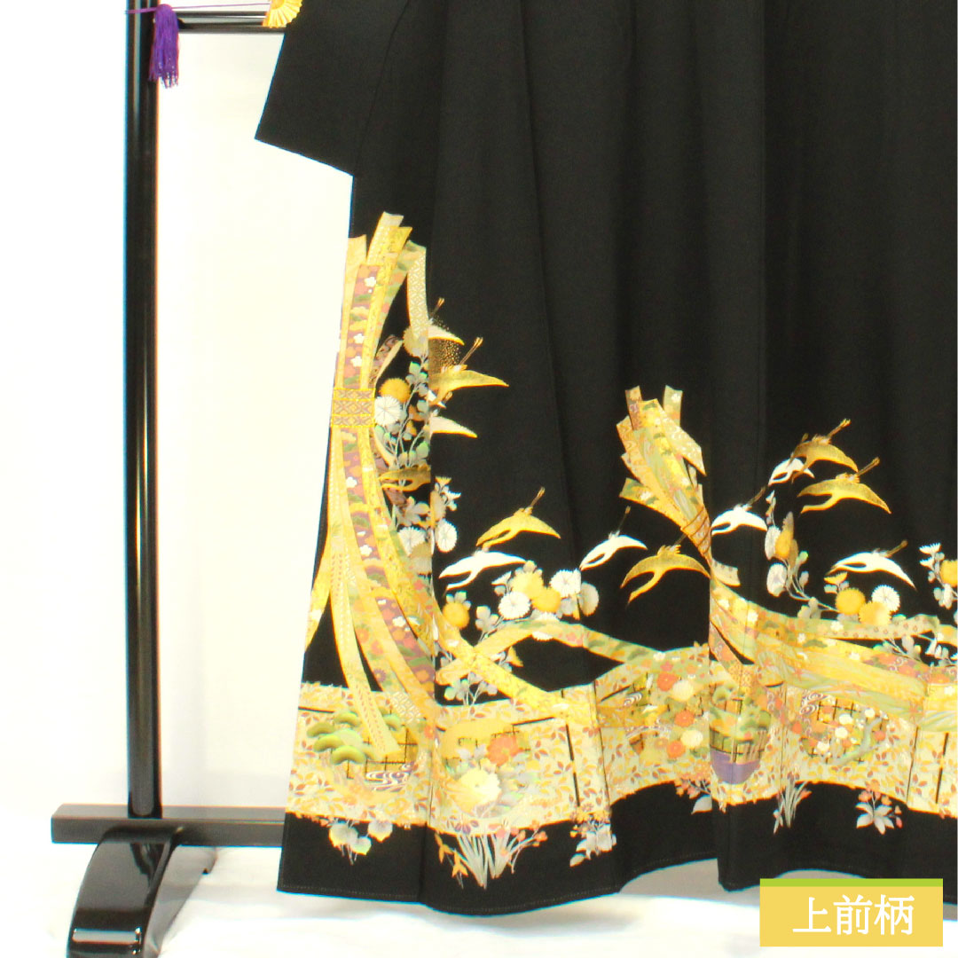 黒留袖 正絹 身丈160cm 裄丈65cm 袷 京友禅 熨斗 鶴 五つ紋 丸に三階菱 三松シルクケア Sランク 黒系 1111001532410
