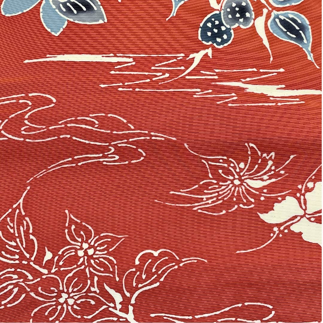 名古屋帯 紅鳶色 蝶 草花模様 帯丈349.5cm 正絹 Bランク 全通 カジュアル 朱系 1124003024316  名古屋仕立て