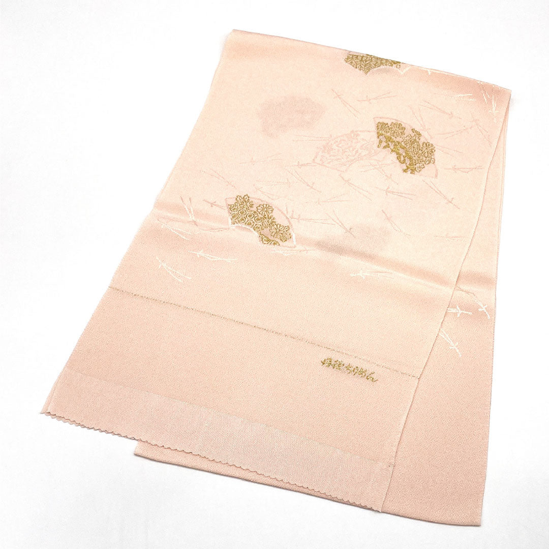 (Like New) Semi-Formal Silk Obiage (Otomeiro) with a Fan and Pine Design, Tango Chirimen Fabric, Length: Approx. 178cm, Width: Approx. 29cm, Pink, Product Number: 1136001211913