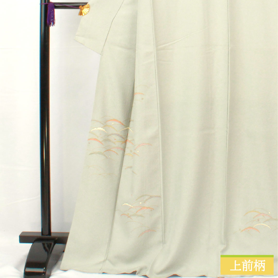 訪問着 正絹 袷 身丈168.5cm 裄丈63.5cm 魚肚白色（ぎょとはくいろ） 京友禅 露芝 しつけ糸付き Sランク グレー系 1112005002522