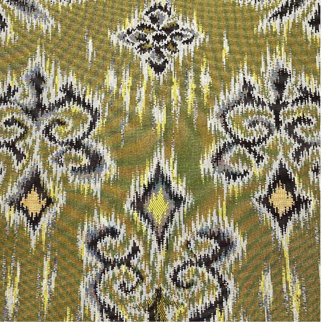 Fukuro obi (sash) in russet leaf color, ikat floral pattern, bamboo leaf pattern, by Ori Kobo Kanae, reversible, obi length 444cm, pure silk, S rank, full length, semi-formal, green, 1123007812319