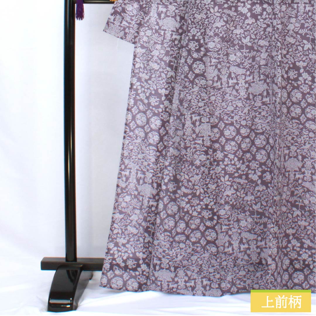 夏物 ポリエステル 小紋 身丈165.5cm 裄丈64.5cm 滅紫色（けしむらさきいろ） 割付 更紗模様 洗える着物 紗 Sランク 紫系 1132002152520