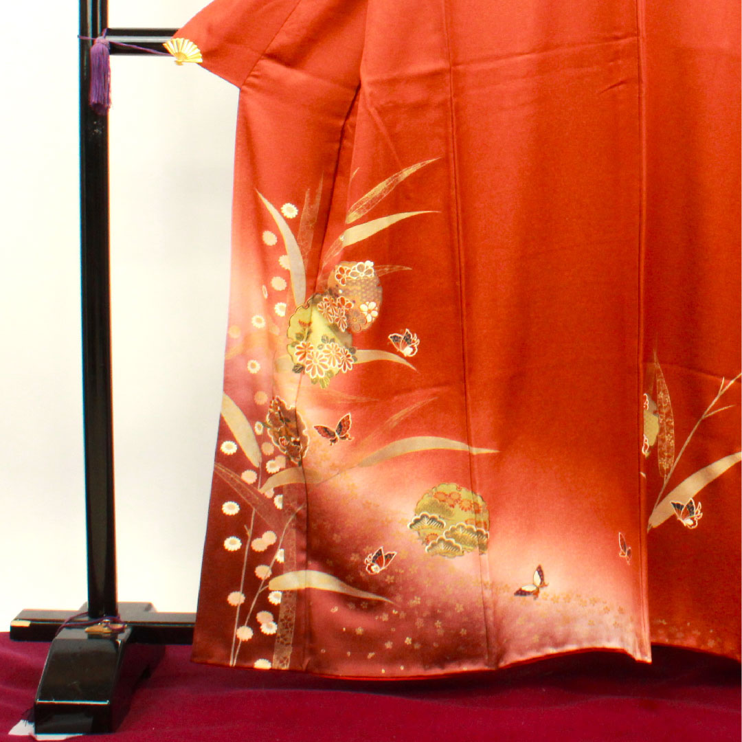 訪問着 正絹 袷 身丈162.5cm 裄丈67cm 赤蘇芳色 京友禅 蝶 雪輪 菊 しつけ糸付き 未使用品 Sランク 橙系 1112003042426