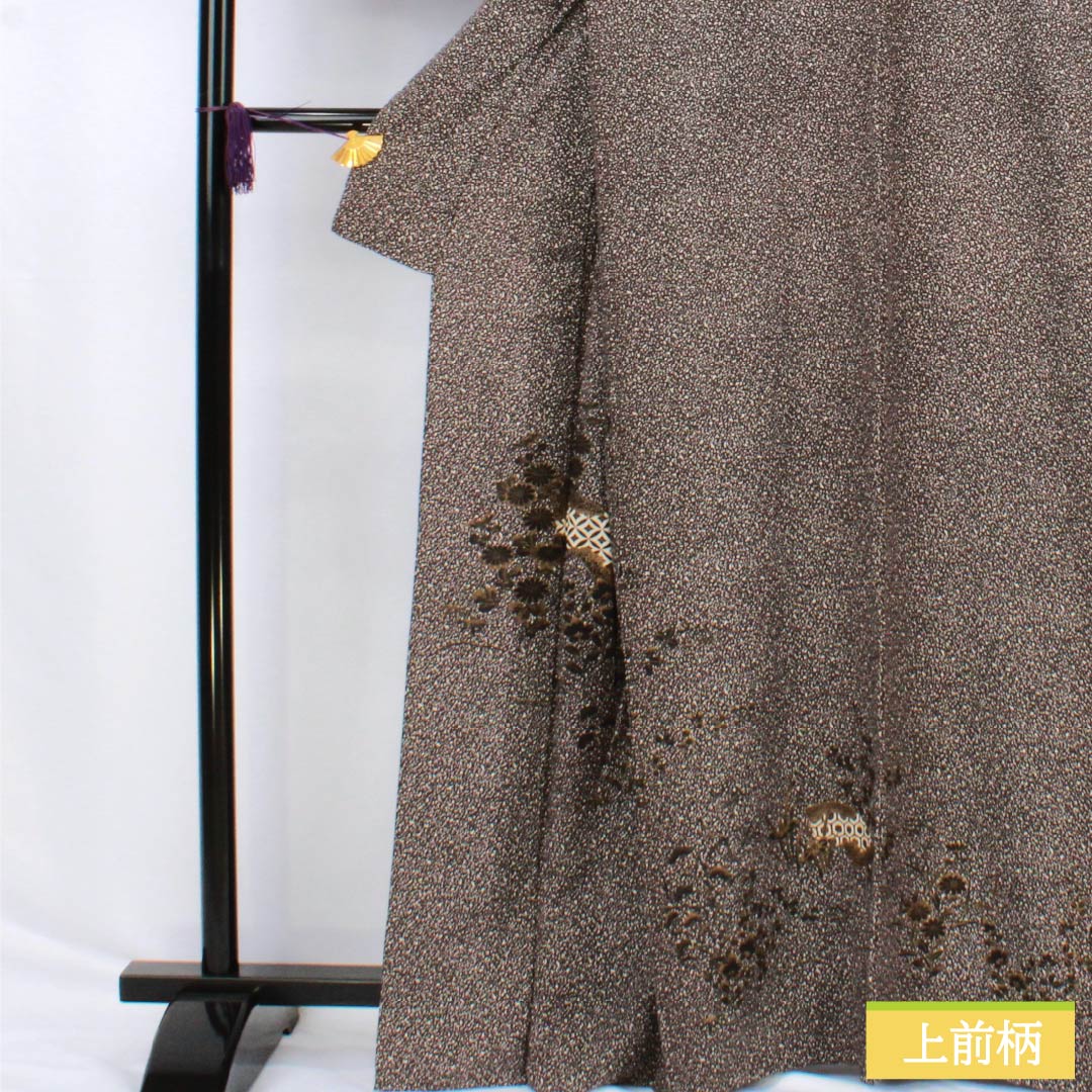 訪問着 正絹 Sランク 袷 身丈165cm 裄丈65.5cm 黒鼠色（くろねずいろ） タタキ染 付下げ 扇面 草花 黒系 1112006702510