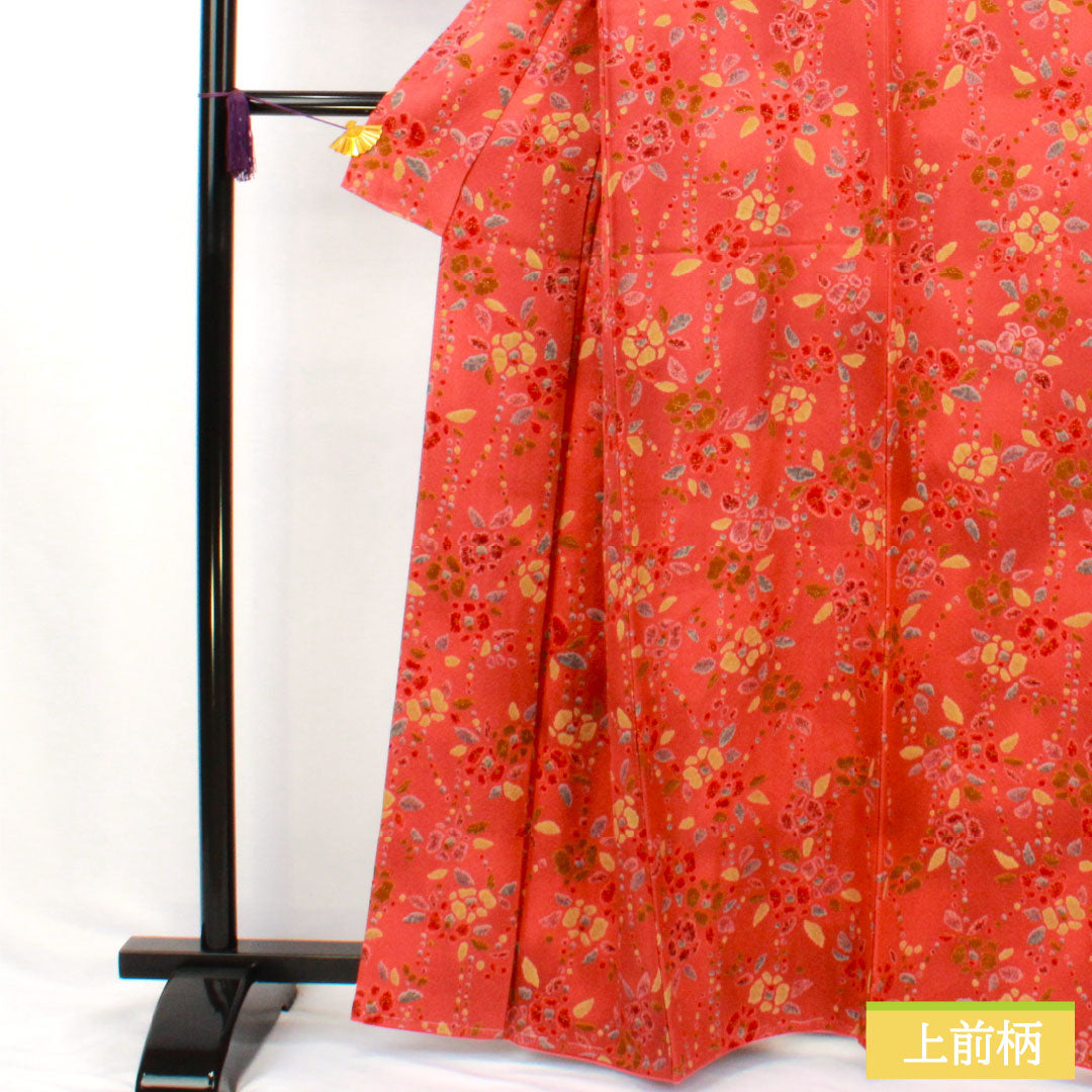 小紋 正絹 Sランク 身丈161.5cm 裄丈64cm 袷 紅絹色（もみいろ） 抽象花 部分絞り 赤系 1115007662412