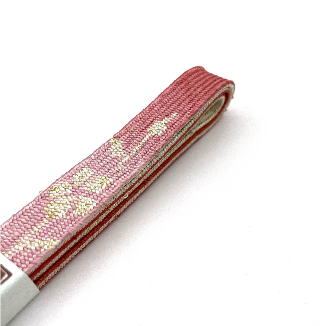 (Like new) Silk Obijime (Sash Band) - Quarter Length, Medium Crimson, with Metallic Thread and Specially Selected Gold and Silver Thread. Approximately 159cm Long, 1.5cm Wide. Semi-Formal, S-Rank, Pink. Product Number: 1135002112313