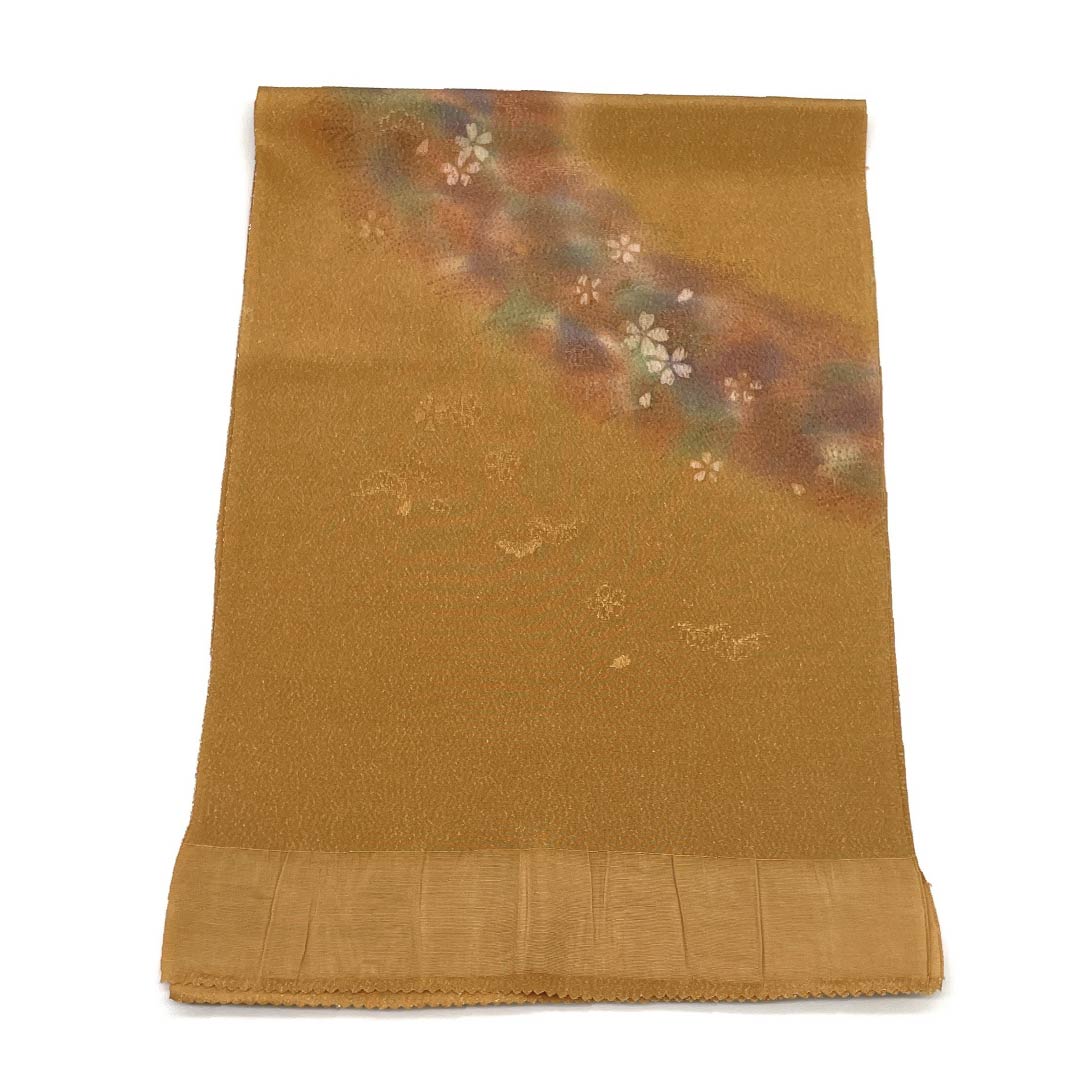 帯揚げ 正絹 フォーマル 遠州茶色（えんしゅうちゃいろ） 金通し 桜 花柄 長さ約172cm 幅約30cm Sランク 茶系 1136000422914