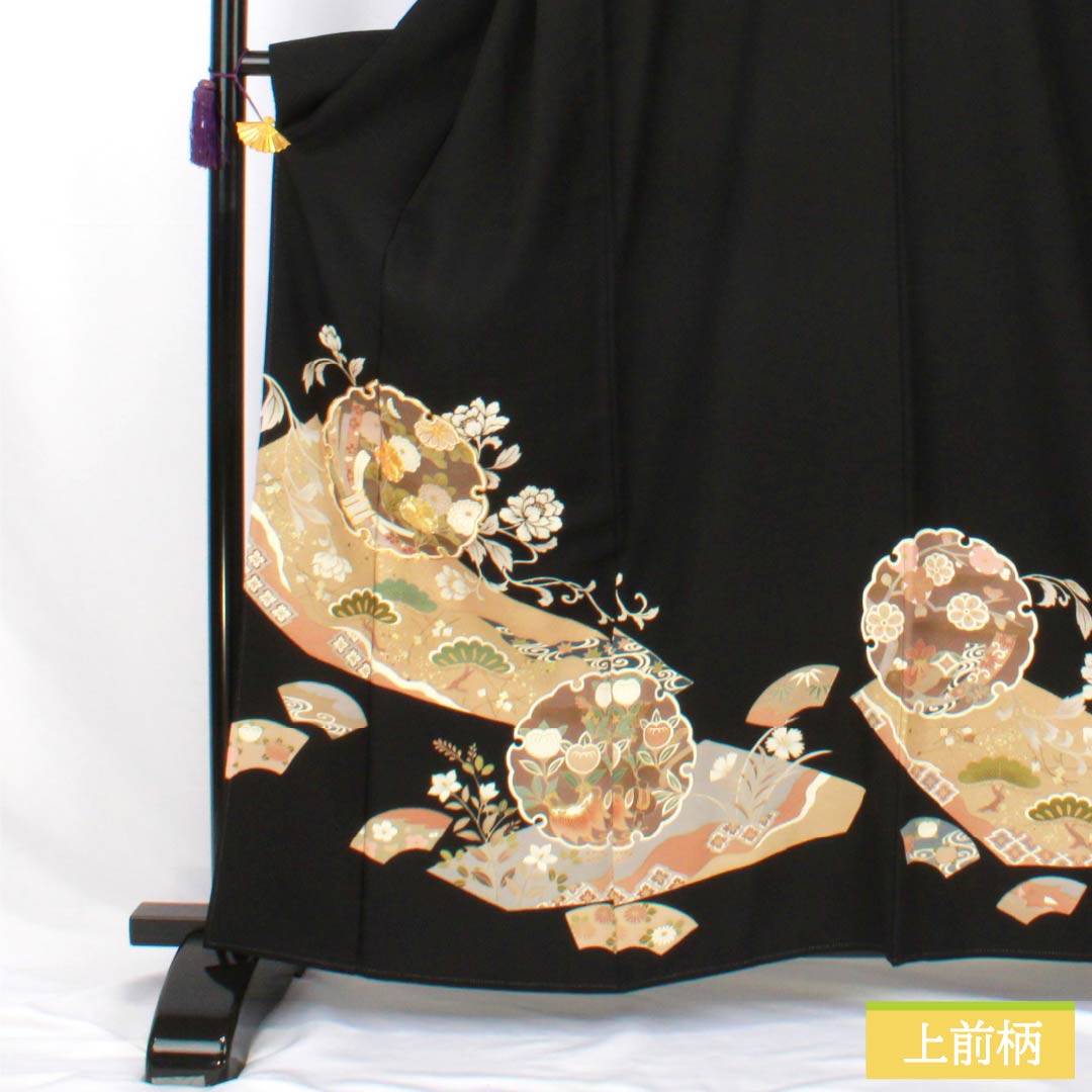 黒留袖 正絹 Bランク 身丈161cm 裄丈66cm 袷 京友禅 五つ紋 右に三つ巴 吉祥文様 雪輪 扇面 梅 五つ紋 黒系 1111001984410
