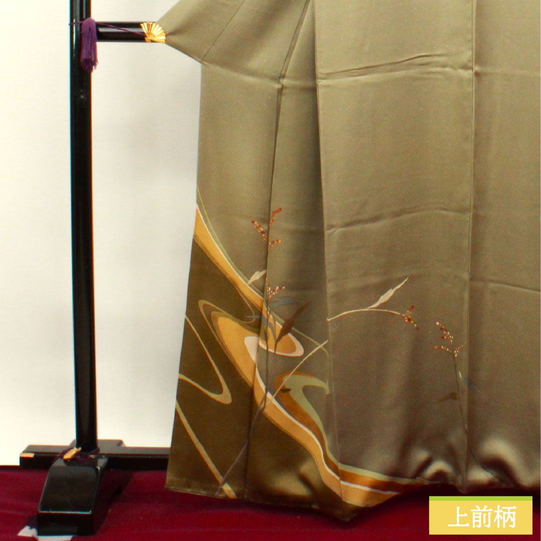 訪問着 正絹 袷 身丈162.5cm 裄丈67cm 砂色 銀通し MIKUMOコレクション 手描き ろうけつ染め 抽象模様 Aランク グレー系 1112003363422