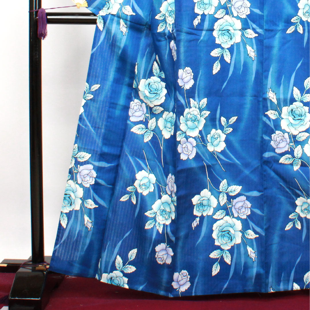 浴衣 しつけ糸付き 未使用品 瑠璃色 薔薇 木綿 Sランク 単衣 身丈164.5cm 裄丈65.5cm 青系 1118002932417