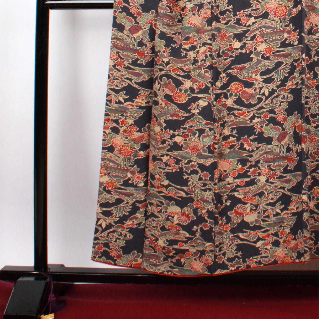 小紋 身丈154.5cm 裄丈60.5cm 袷  青褐色 型染 草花模様  正絹 Aランク 紺系 1115002293218