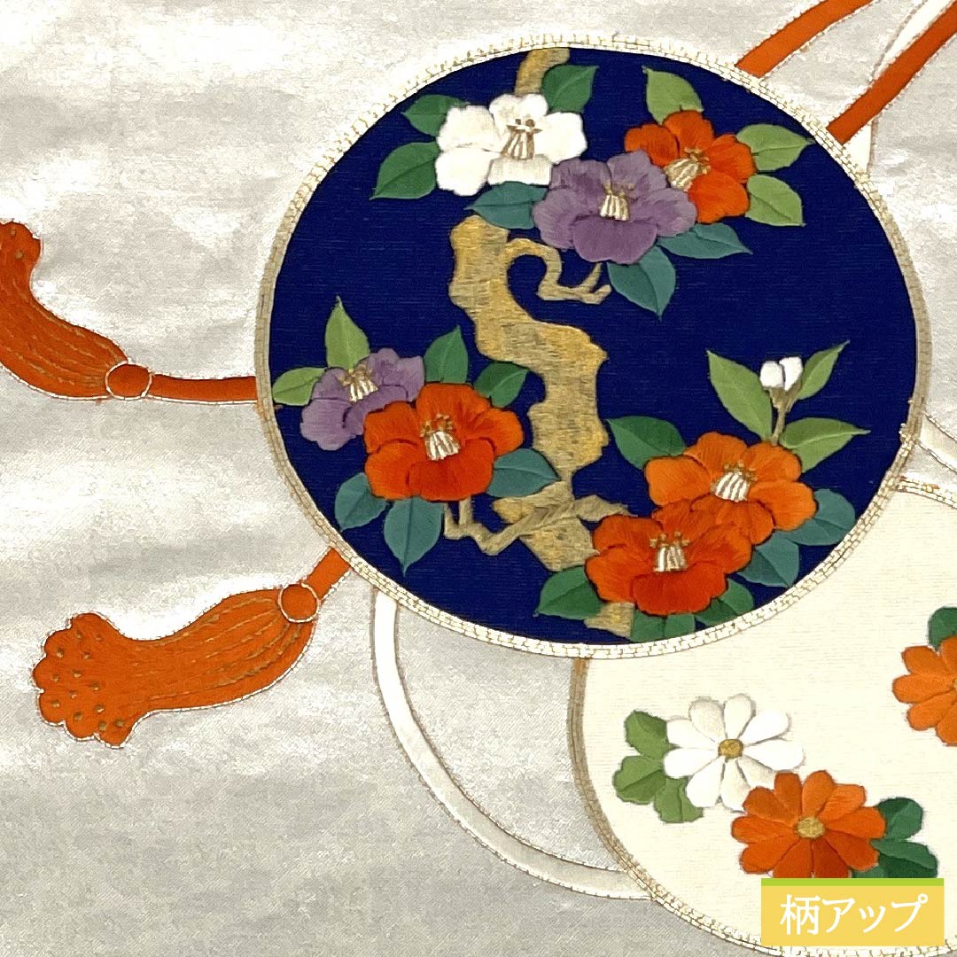 名古屋帯 正絹 Aランク 刺繍 組紐 花紋 椿 帯丈358cm ポイント柄 セミフォーマル 銀系 1124010663322 名古屋仕立て