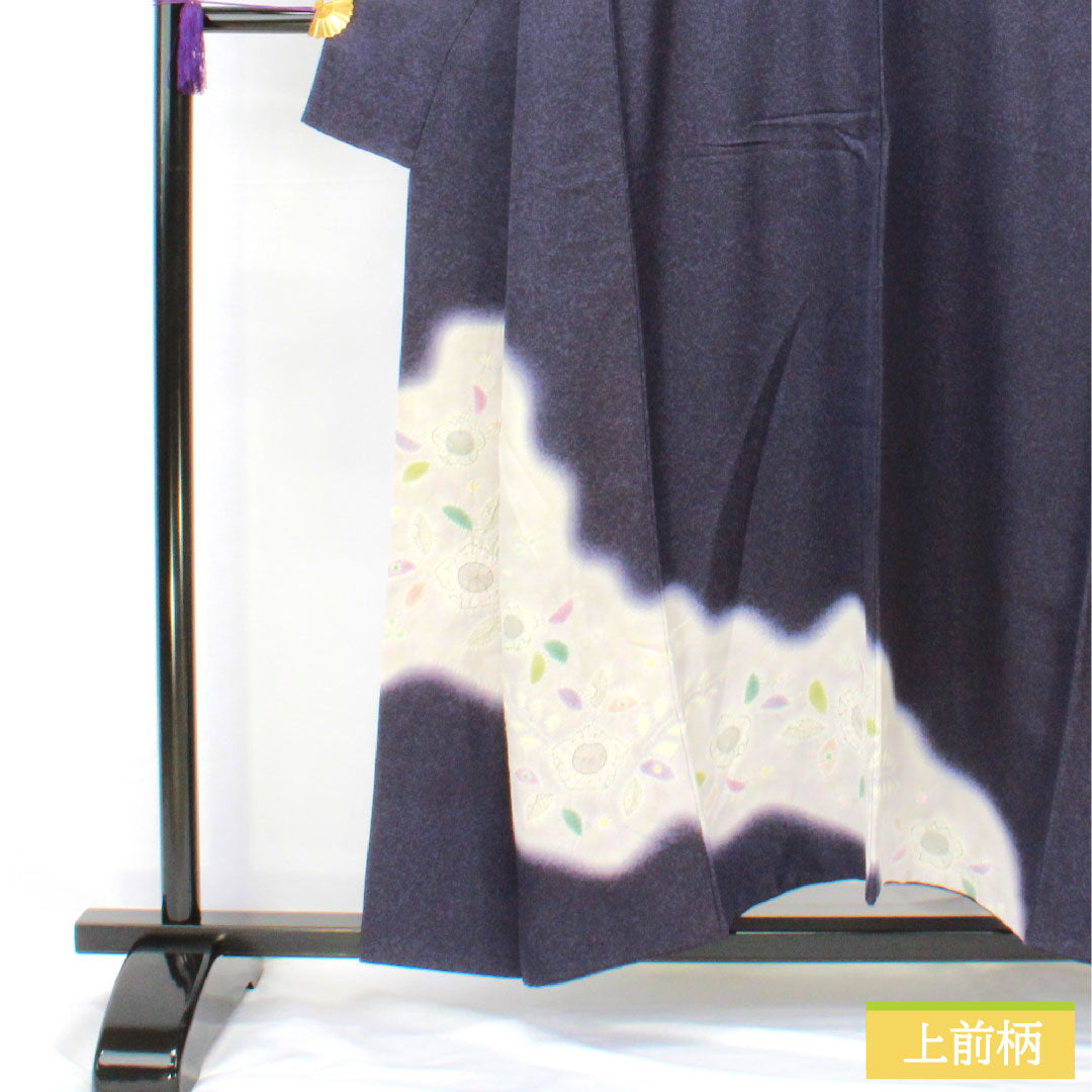 訪問着 正絹 袷 身丈154cm 裄丈63cm 鉄葡萄色（てつぶどういろ） 辻ヶ花 タタキ染 Aランク 紺系 1112005133218