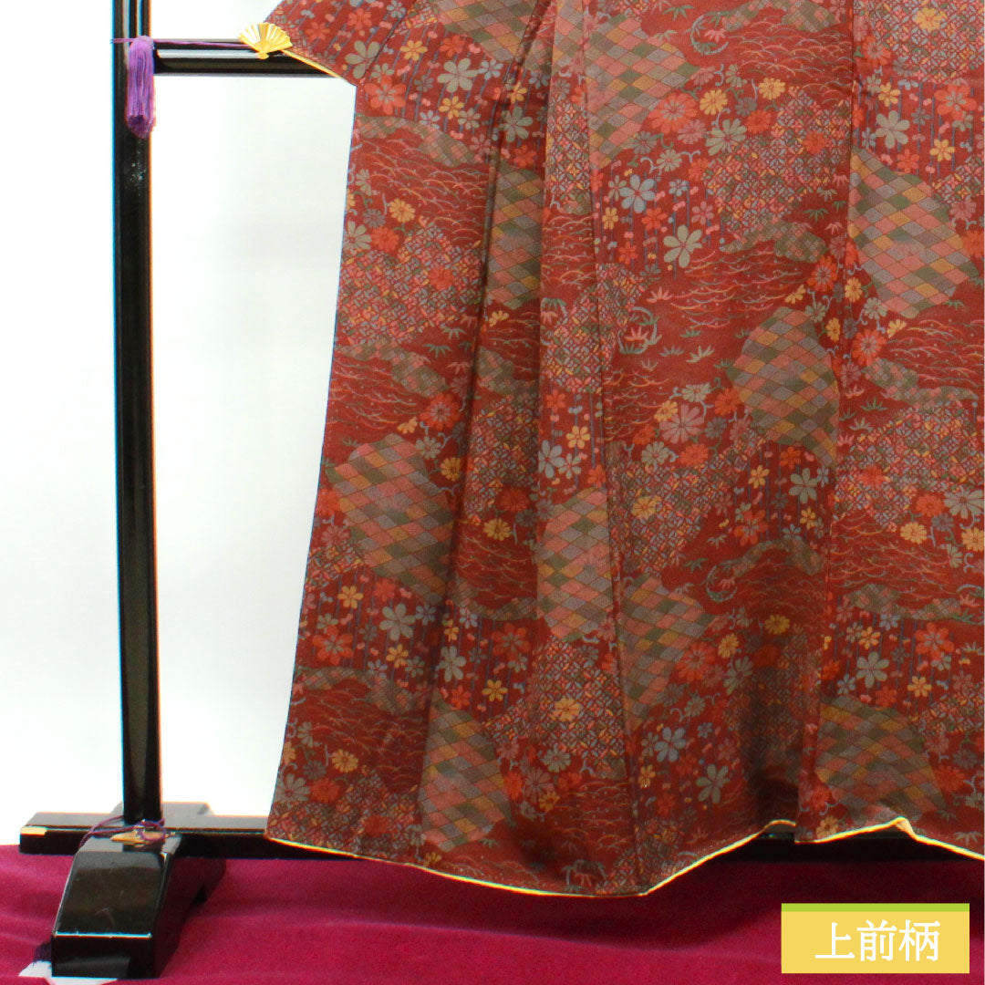 小紋 正絹 身丈157.5cm 裄丈63.5cm 袷  褐色 吉祥文様  Aランク 茶系 1115003583314